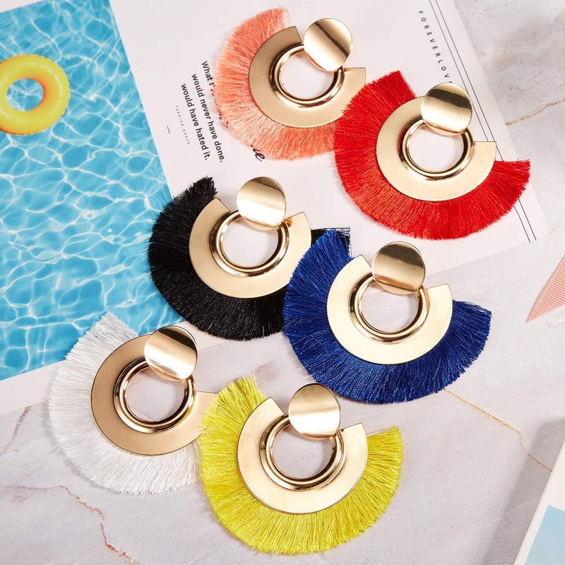 meekoo 6 Pairs Tassel Dangle Earrings Gold Hoop Fringe Earrings Bohemia Fan Shaped Earrings for Women Party and Daily Wear - Image 5